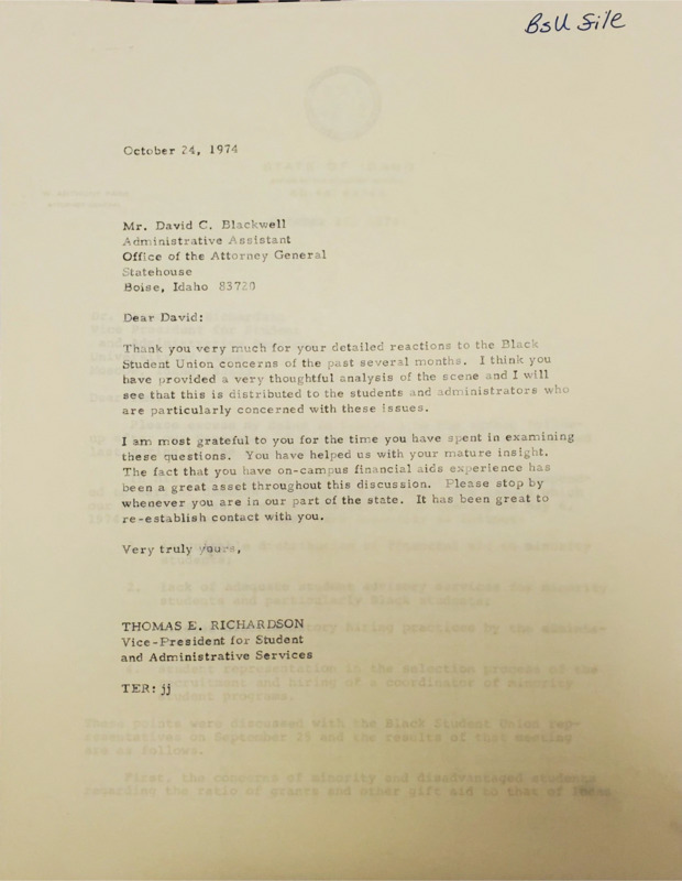 Letter from Thomas E. Richardson to David C. Blackwell thanking Blackwell him for his help in answering the BSU questions.