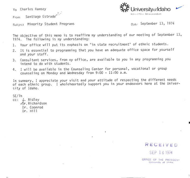 Memorandum to Ramsey concerning going over meeting points from Sep 13 1974 meeting.
