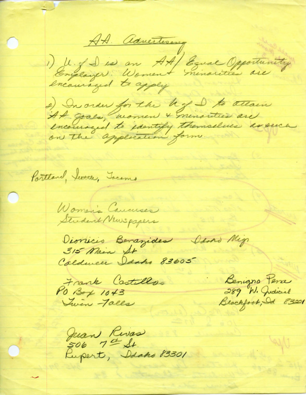 Handwritten notes titled, "AA Advertising" with notes listing names and organizations.