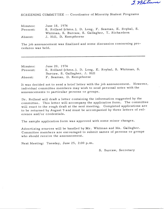 Two meeting notes stating position requirements finalized and a letter drafted for the position from June 18 1974 and June 20 1974.