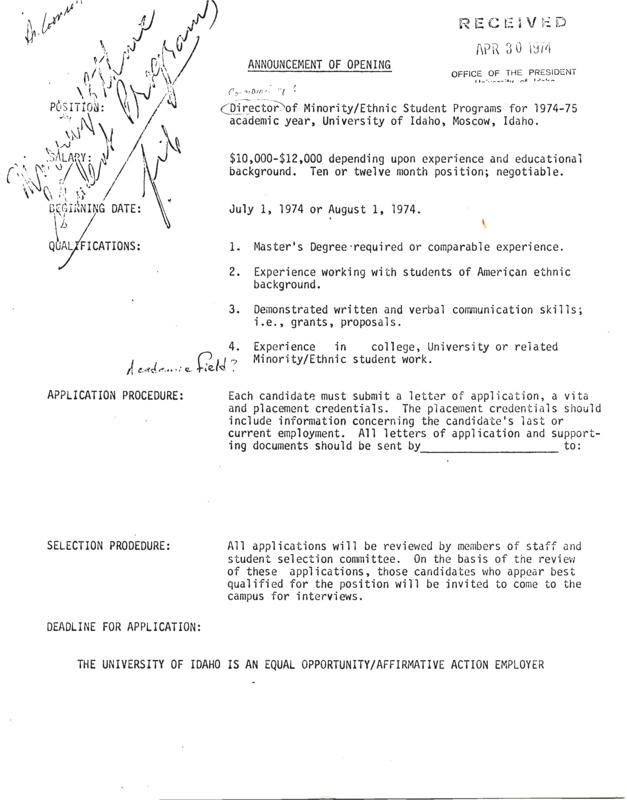 Announcement of Opening for Director of program with qualifications and procedures for 1974-1975.