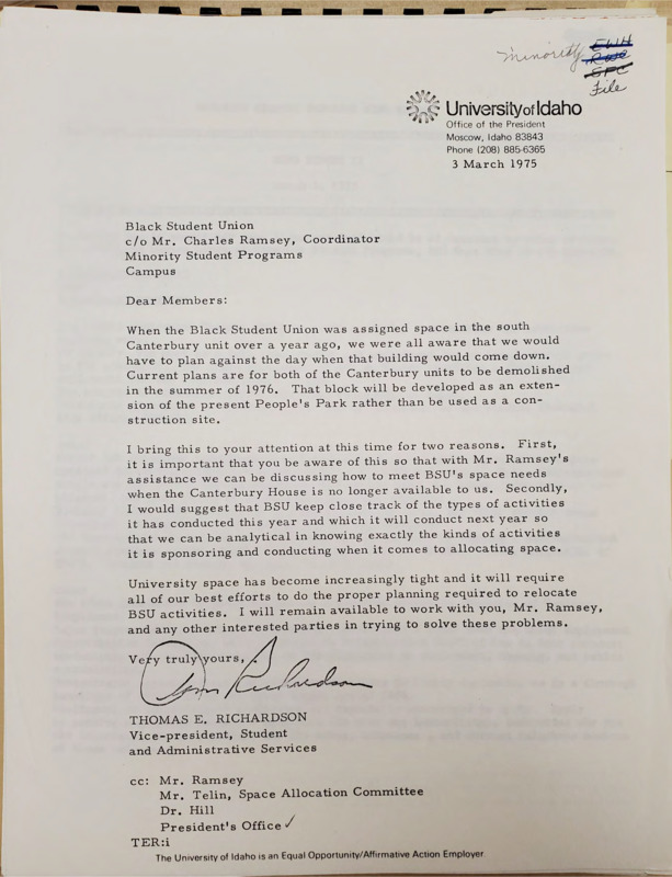 Letter to BSU and Charles Ramsey from Thomas E. Richardson, concerning BSU space and the demolishment of Canterbury House in 1976 for expansion of People's Park.