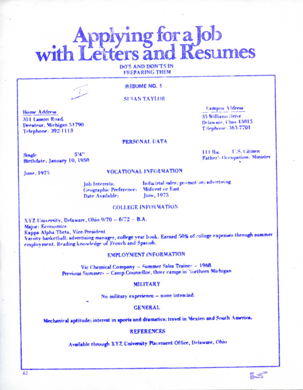 Pamphlet titled "Applying for a Job with Letters and Resumes: Dos and Don'ts in Preparing Them" that gives an example resume.
