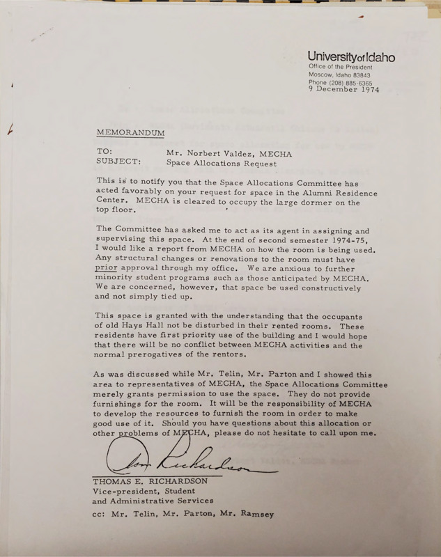 Memorandum from Thomas E. Richardson to Norbert Valdez concerning approval for space allotment in the Alumni Residence Center.