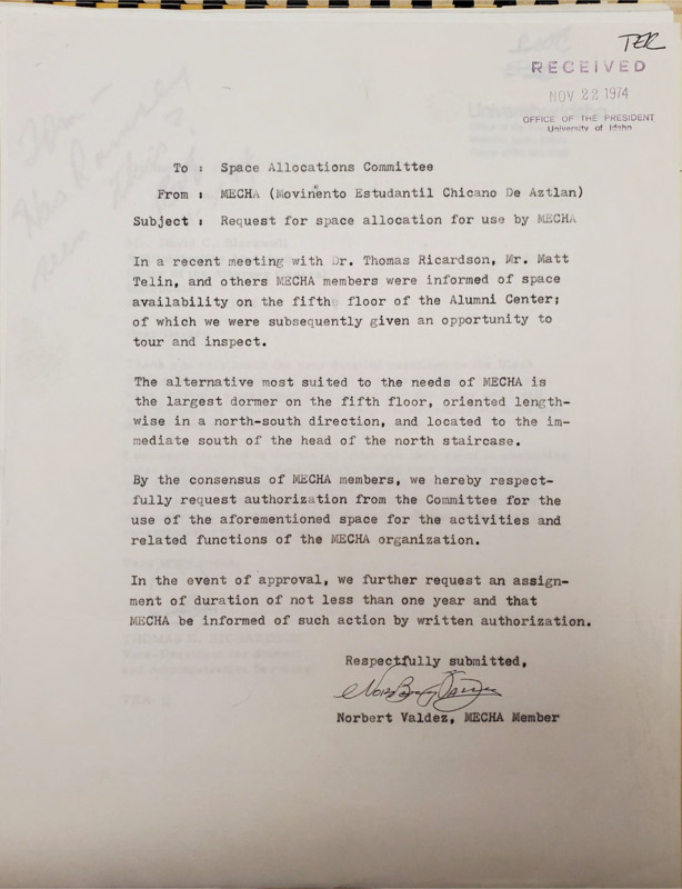 Memorandum from Norbert Valdez to Thomas E. Richardson requesting space for the MECHA organization.