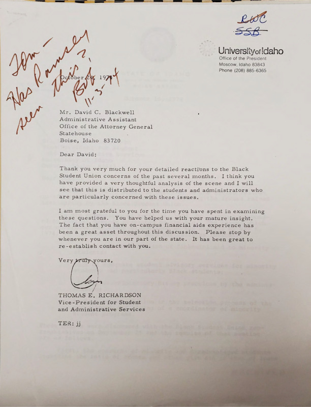 Letter to David C. Blackwell from Thomas E. Richardson regarding Blackwell's reaction to BSU demands.