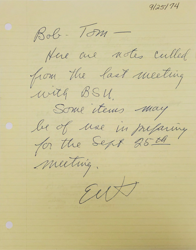 Handwritten note to Robert Coonrod and Thomas E. Richardson describing notes from the September 23, 1974 BSU meeting with faculty.