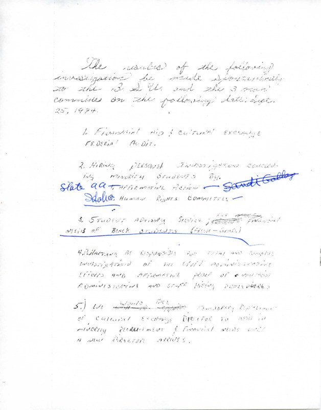 Two copies of handwritten notes detailing notes made in regard to BSU demands and committee response. The first copy contains edits made in blue ink.