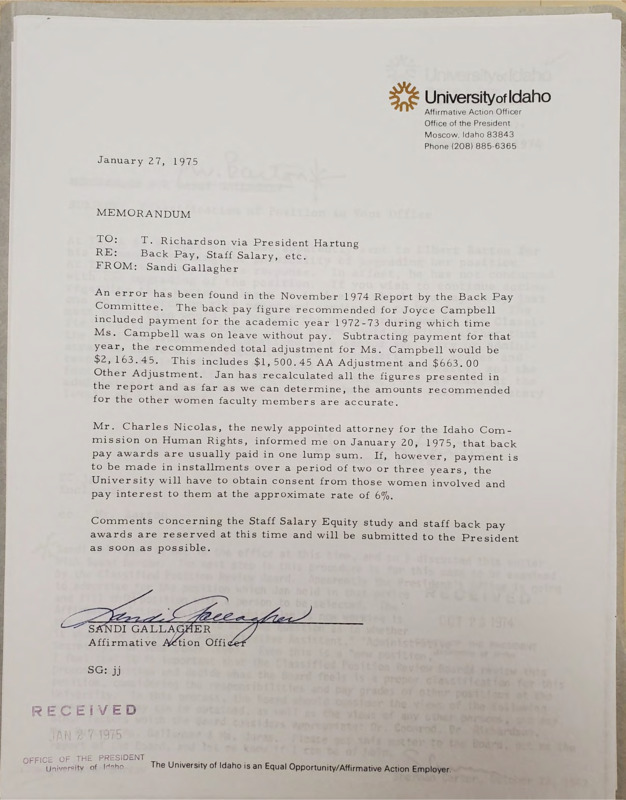 Memorandum from Sandi Gallagher to Thomas E. Richardson concerning error in pay with back pay for Joyce Campbell and mentioning Mr. Charles Nicolas (attorney for Idaho Commission on Human Rights).