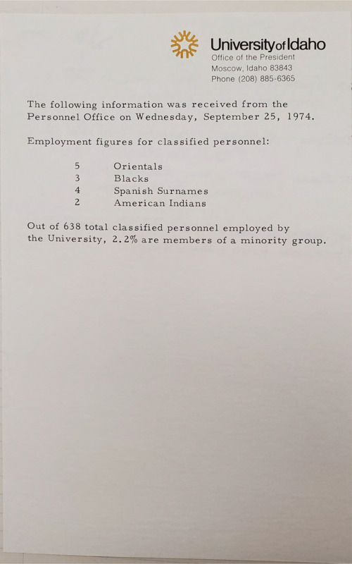 Note listing employment figures from Personnel Office on September 25; 1974.  Lists "5 Orientals; 3 Blacks; 4 Spanish Surnames; and 2 American Indians".  2.2% of 638 staff are minority faculty.