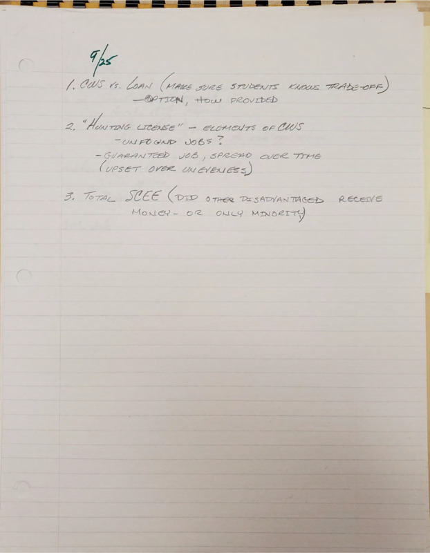 Handwritten notes detailing three subjects to discuss in BSU meeting.  The three topics are CWS vs. Loan; "Hunting License"-Elements of CWS, and Total SCEE.