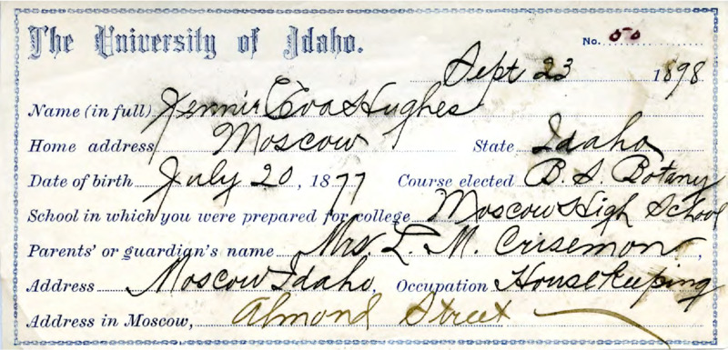 Jennie Eva Hughes' registration card for 1899 for the University of Idaho.