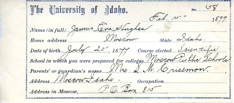 Jennie Eva Hughes' registration card for 1898 for the University of Idaho.