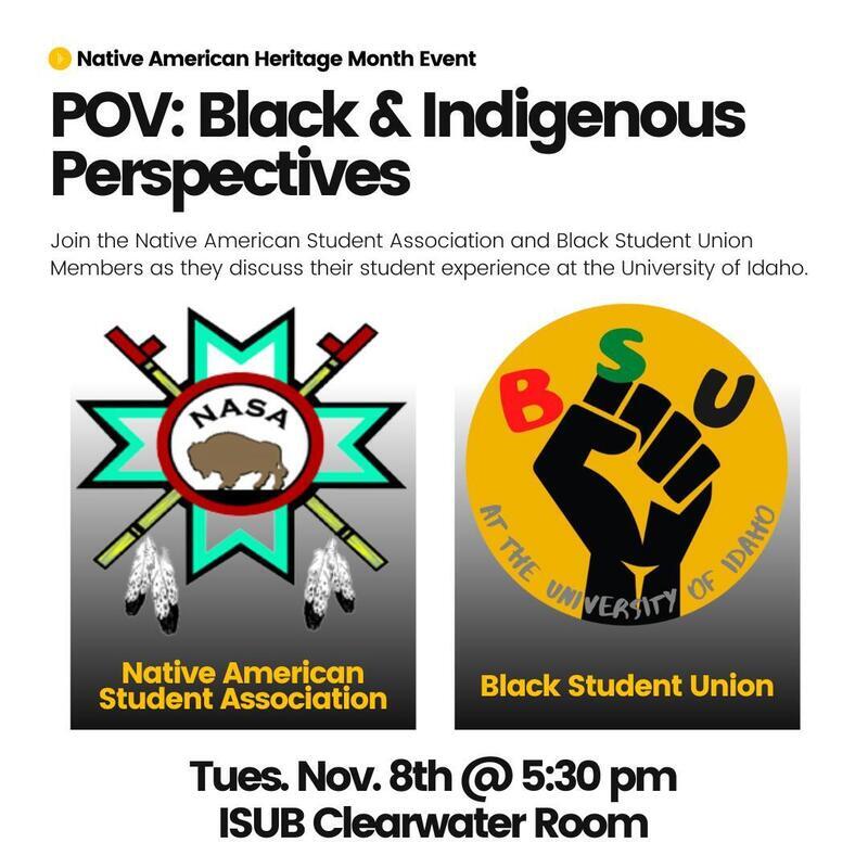 Flier promoting an event held by the Native American Student Association and the Black Student Union, "POV: Black & Indigenous Perspectives."