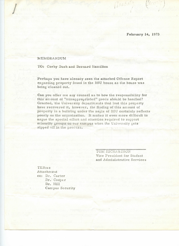 Memorandum from Tom Richardson to Corky Bush and Bernard Hamilton concerning the "misappropriated goods" found in the BSU