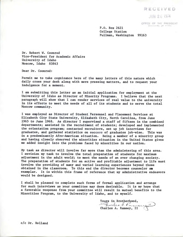 Application letter to Robert W. Coonrod from Charles A. Ramsey, II for the Director position for the Minority Programs at the University of Idaho.