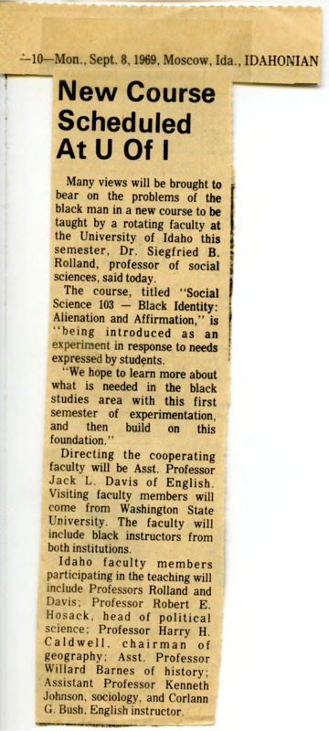 Newspaper clipping from the Daily Idahonian titled, "New Course Scheduled at U of I" discussing the new course, "Social Science 103–Black Identity: Alienation and Affirmation."