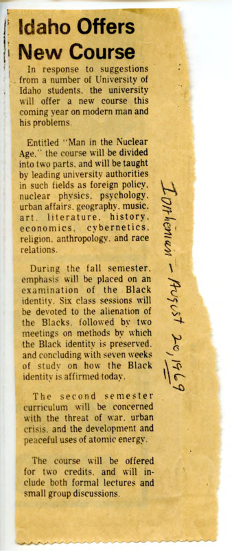 Newspaper clipping from the Daily Idahonian titled, "Idaho Offers New Course" discussing new course titled, "Man in the Nuclear Age."