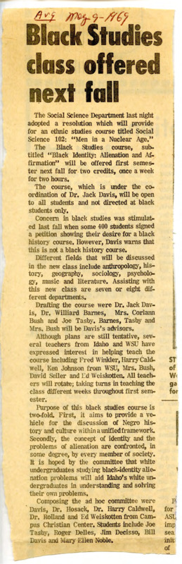 Newspaper clipping titled, 'Black Studies class offered next fall," discussing an ethnic studies course, Social Science 102: "Men in a Nuclear Age" and "Black Identity: Alienation and Affirmation."