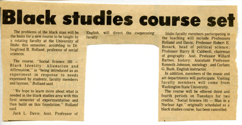 Newspaper clipping discussing new course, Social Science 103–"Black Identity: Alienation and Affirmation."