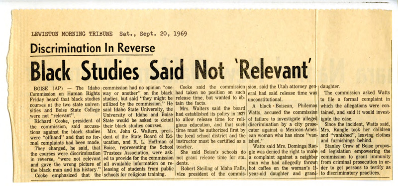 Newspaper clipping discussing individual's opinion in regard to Black Studies not being relevant.