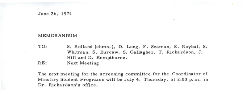 Memorandum to the screening committee about a meeting with Thomas Richardson on July 4, 1974 at 2:00 PM.