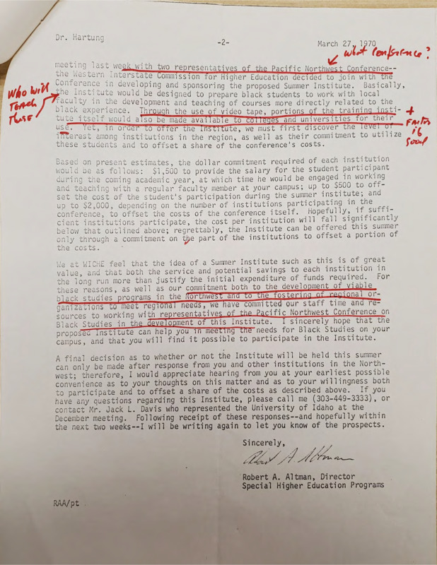 Letter from Robert A. Altman, the director of Special Higher Education Programs, discussing the Summer Institute Program and financial commitments needed. There are a few handwritten notes and underlining in red.