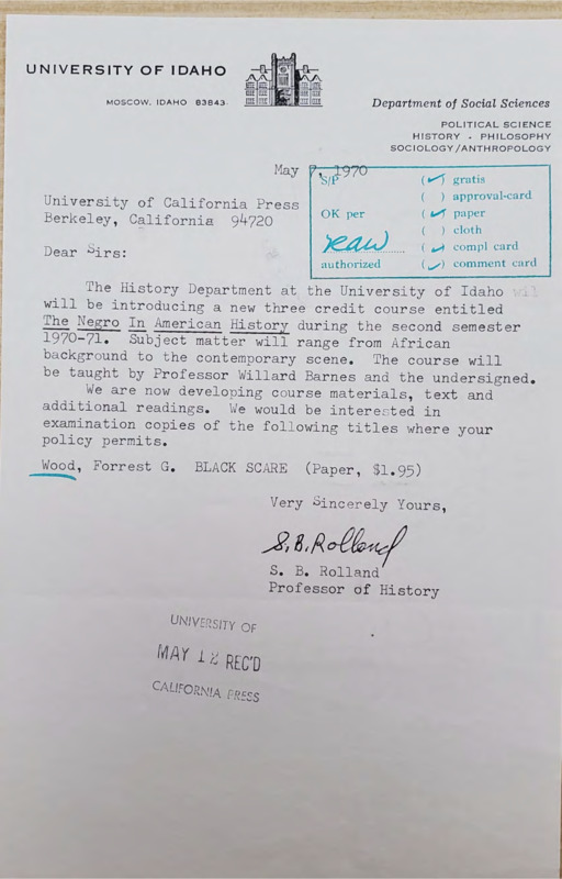 Letter to University of California Press concerning the "Negro in American History" course at the University of Idaho asking for examination copies of Black Scare by Forrest G. Wood.