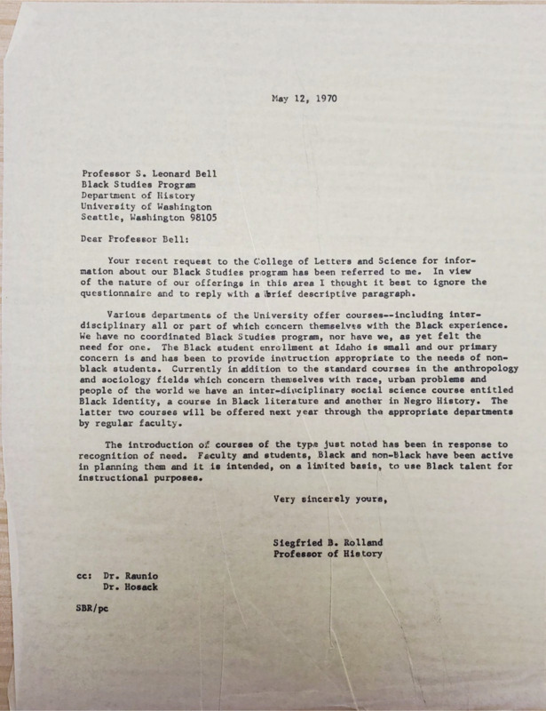 Letter to Professor Leonard S. Bell at the University of Washington discussing the small black studies program and its formatting in mostly a few scattered classes.