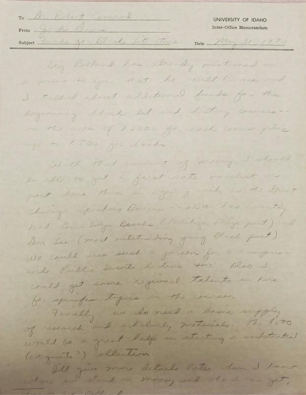 Memorandum to Robert Coonrod from Jack Davis concerning funds for Black Literature.
