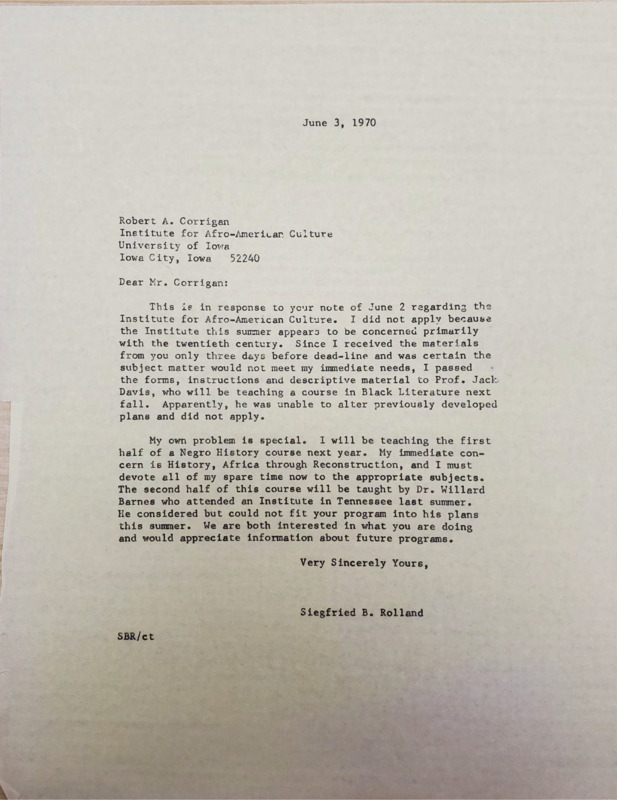 Response letter to the Institute of Afro-American Culture at the University of Idaho detailing why the University of Idaho did not apply to the Institute at Iowa that year.