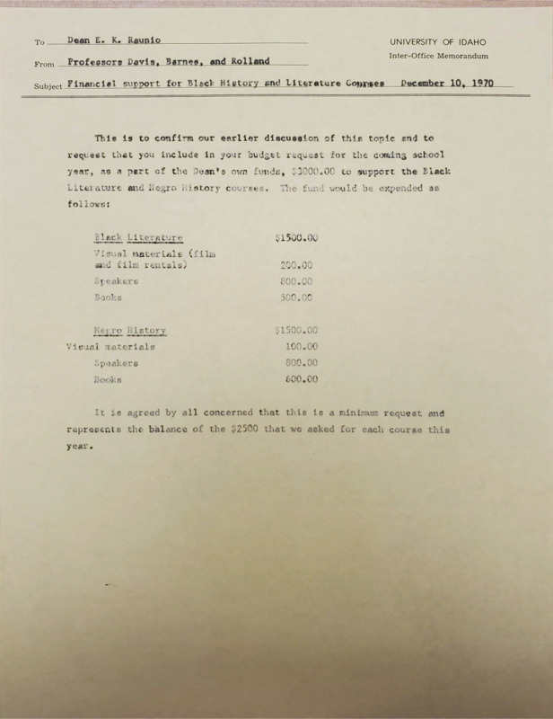 Memorandum to Elmer Raunio discussing the allocation of $3,000 to Negro History Course and Black Literature Course.