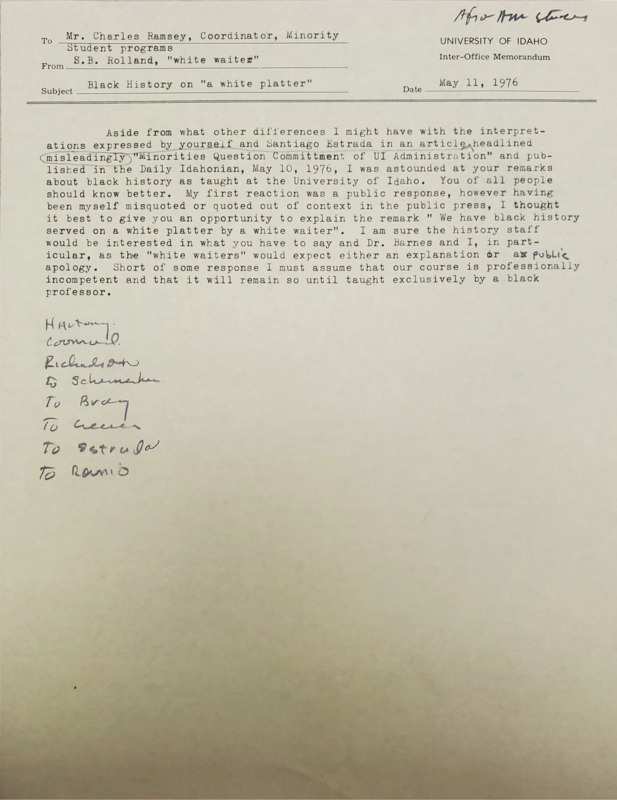 Memorandum to Charles Ramsey from Siegfried Rolland concerning opinions he made in an article titled "Minorities Question Commitment: of UI Administration" in which Ramsey says that Black History at U of I is being served on a white platter by a white waiter.  