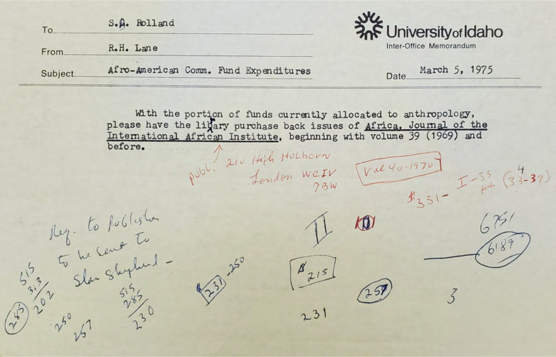 Memorandum to Siegfried B. Rolland addressing the buy back of the issues of Africa; Journal of the International African Institute. There are several handwritten notes concerning the volumes.