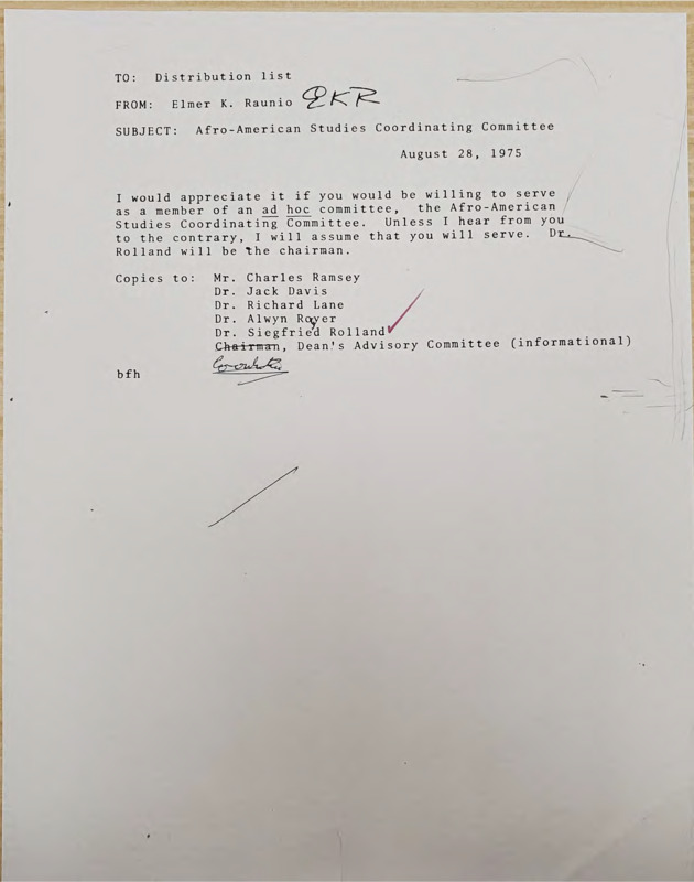 Memorandum to Charles Ramsey, Siegfried B.  Rolland, Jack Davis, Richard Lane, and Alwyn Royer discussing possibility of these members joining an ad hoc committee for Afro-American Studies Coordinating Committee.