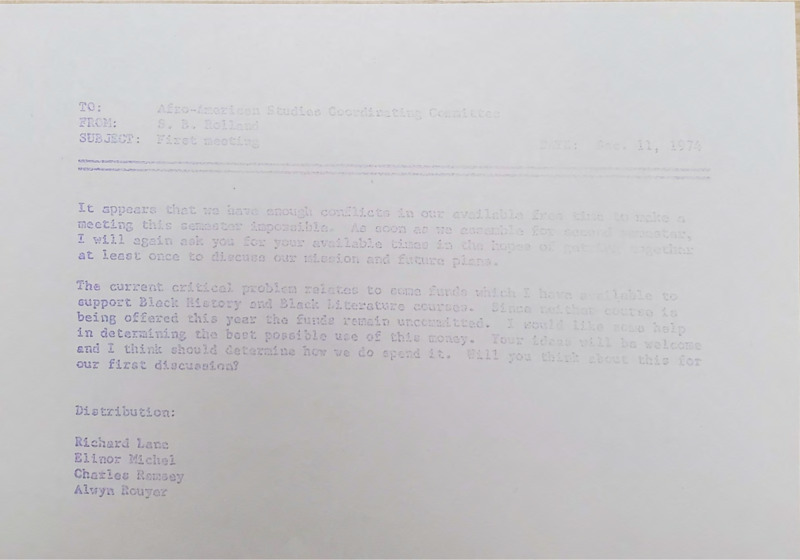 Memorandum from Siegfried B. Rolland to the Afro-American Studies Coordinating Committee discussing the problems to bring up in the first ad hoc meeting.