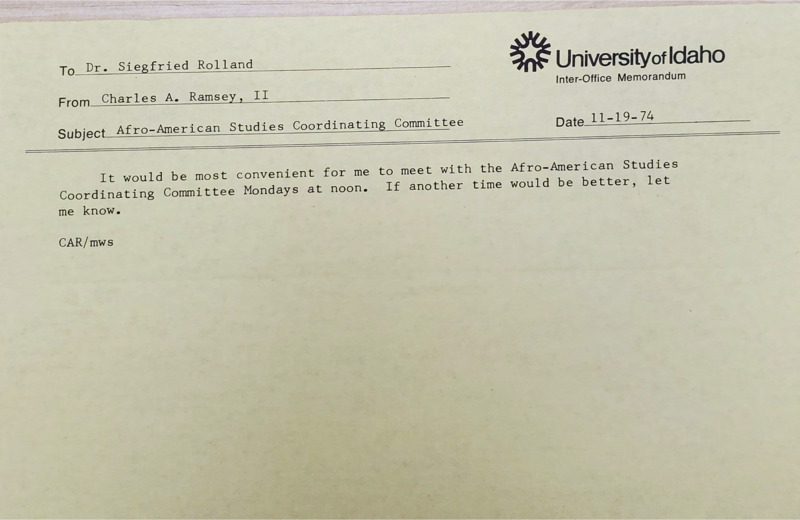 Memorandum from Charles A. Ramsey, II to Siegfried B. Rolland noting that noon on Mondays is best time for the Afro-American Studies Coordinating Committee meeting.