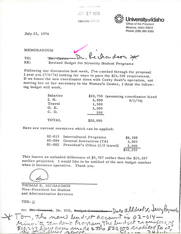 Memorandum regarding a budget proposal. On the bottom of the document is a handwritten note with updated budget operating costs.