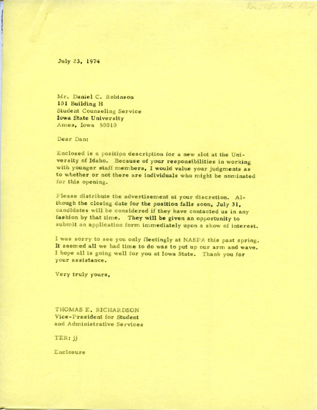 Letter to Daniel C. Robinson at Iowa State University from Thomas E. Richardson concerning a new position at the University of Idaho.