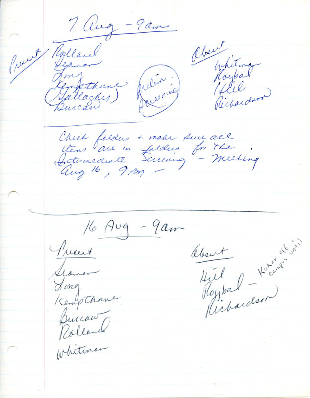 Handwritten meeting notes and list of participants for two meetings on August 9 and August 16.