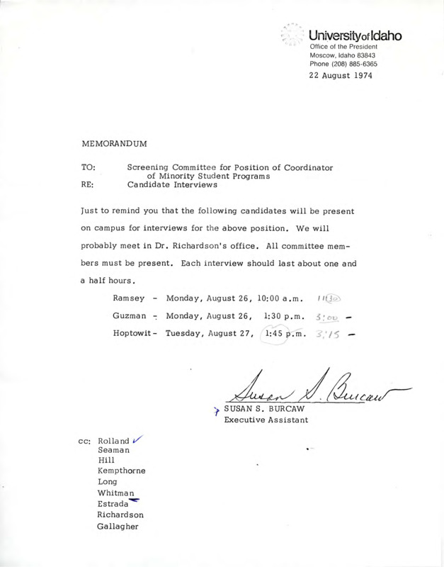 Memorandum to screening committee from Susan S. Burcaw with three interviewees scheduled to be interviewed on August 26 (Ramsey) at 10 am, August 26 (Guzman) at 1:30 pm, and August 27 (Hoptowit) at 1:45 pm.