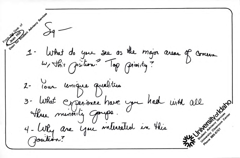 Notes from Jean Hill (Dean of Student Services) to Siegfried B. Rolland with interview questions.