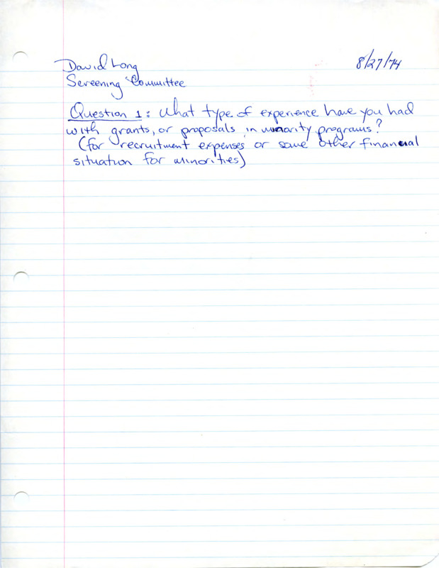Handwritten interview question submitted to the screening committee from David Long.