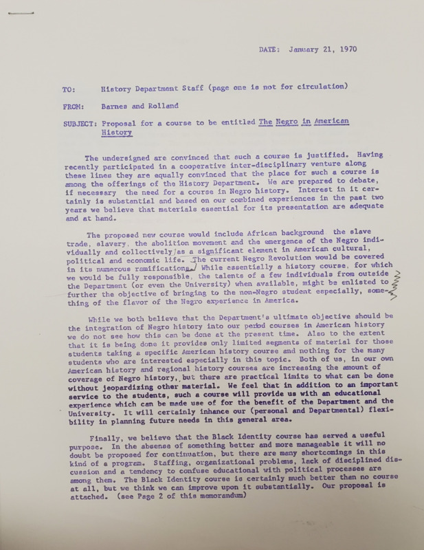 Proposal from Willard Barnes and Siegfried B. Rolland to the History Department staff for a course to be entitled, "The Negro in American History" with Rolland and Barnes' opinions on why course is necessary.