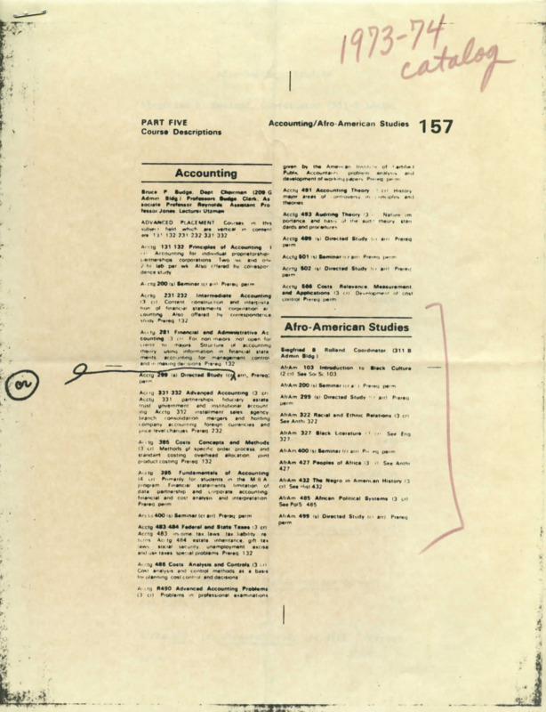 One page from the University of Idaho catalog with the listing of Afro-American Studies courses and another document with the same course information.