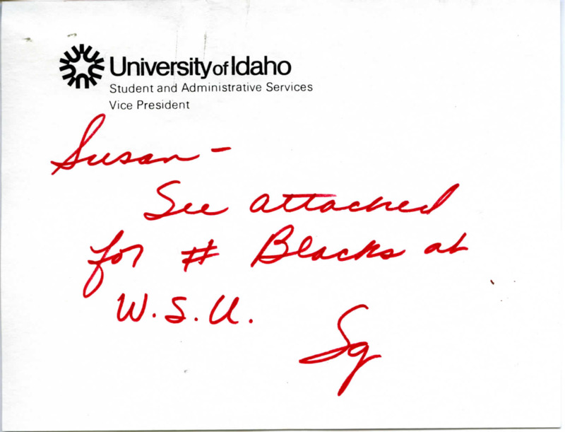 Handwritten note from Siegfried B. Rolland to Susan Burcaw regarding an attached memo with the information on Black demographics at W.S.U.