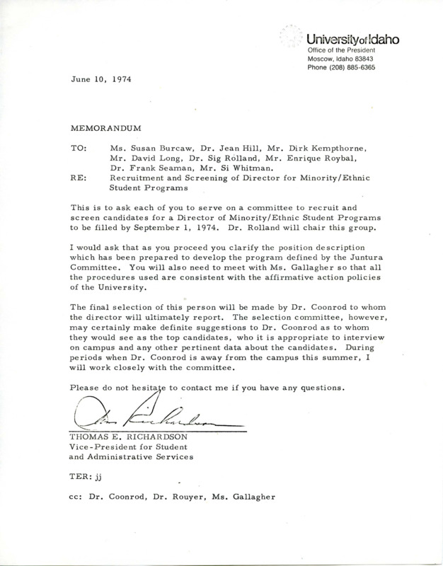 Memorandum from Richardson to several staff members, notifying them as to their role within the screening committee for the Coordinator position.