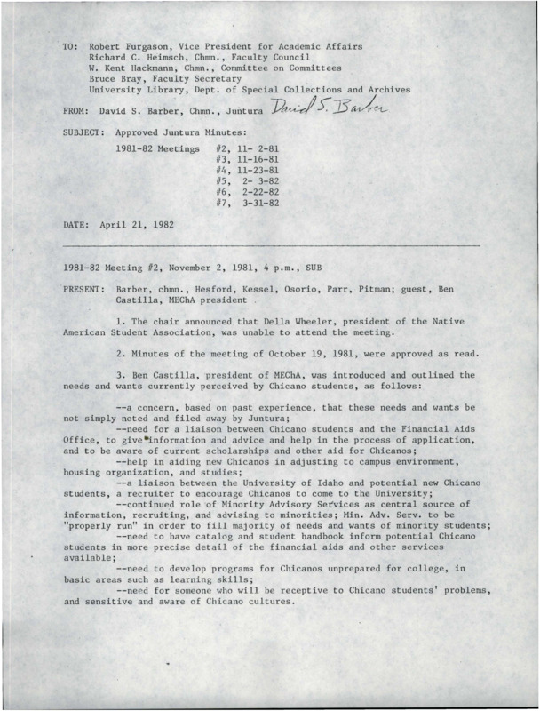 A letter containing the approved Juntura minutes for the 1981-82 meetings. Includes the minutes for Meeting #2 November 2, 1981, and Meeting #3 November 16, 1981.