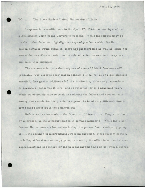A response from University of Idaho President Hartung to the Black Student Union's letter sent on April 17, 1974. This letter addresses several specific statements and demands.