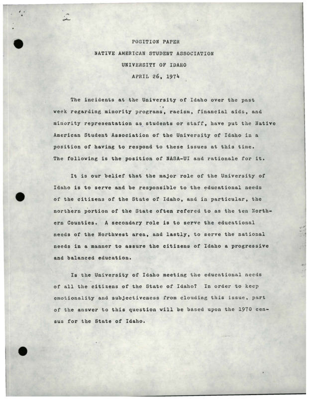 Paper written by the Native American Student Association to discuss recent incidents at the University of Idaho in 1974. This paper includes responses to six specific demands made by the Black students at the University.